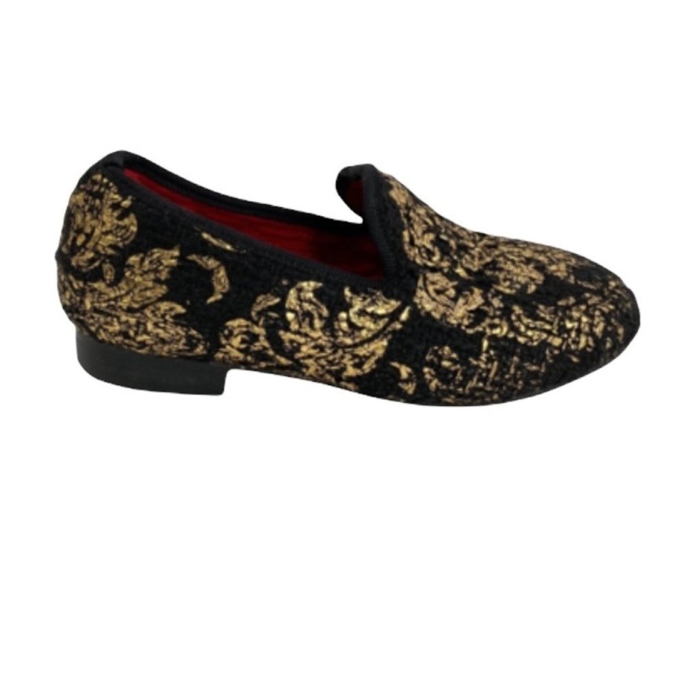PIERGITAR Black Velvet Metallic Gold Pattern Slip On Girl's Shoes